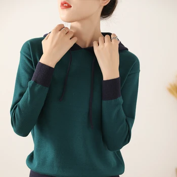 Strik Hooded Pullover Sweater Kvinder med Lange Ærmer patchwork pullover Kort Top Casual Løs Hættetrøje