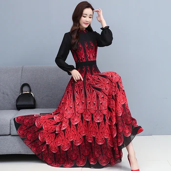 Temperament Kjoler til Kvinder 2020 Efteråret Nye Chiffon High Waist Lange Ærmer koreanske Kjole Udskrivning Rød Blå Tøj