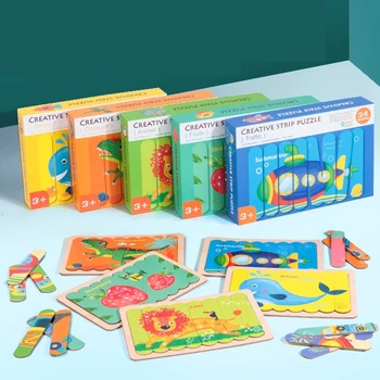 Træ Legetøj, Puslespil Kreative Stribe Gåder For Børn Montessori Legetøj for Børn, Tegnefilm Træ-Puslespil Sæt Pædagogisk Legetøj