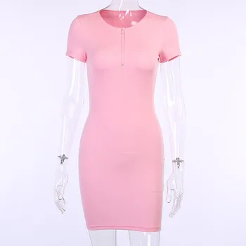 Viifaa Pink Solid Bodycon Lynlås Foran Sommer T-Shirt Kjoler til Kvinder 2020 Korte Ærmer Sexet Kvindelige Part Kjole