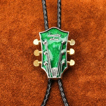 Vintage Vestlige Cowboy Herre BOLO Tie Dias Klip Grønne Guitar PU REB