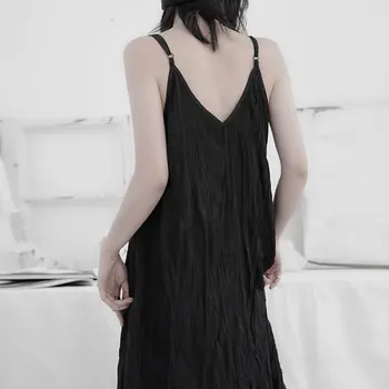 Yamamoto Style Sort Plisseret Niche Følelse af Design Kvinder Løse En Linje N Hals 2020 Sommeren Nye Mode Kvinder Kjole T060