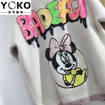 YOKO 2019 efterår og vinter nye tegnefilm Minnie pailletter i lang sweater frakke kvinder doven stil løs strik cardigan sweater