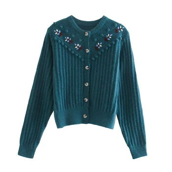 ZA 2020 nye Efterår og Vinter 3 farve Kvinder udskrivning strikke en vest sweater O Neck strikket sweater Single-breasted Casual sweater