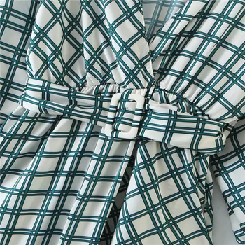 Za Kvinde 2020 Efteråret Plaid Print Bælte Kjole Revers Krave Langærmet Grøn Kjole Elastisk Linning Kvinder Elegante Lange Kjoler
