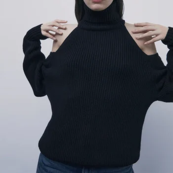 ZA Nye Sexet Strikket Sweater Off Skulder Pullovere Sweater Kvinder med Lange Ærmer Høj Krave Kvindelige Løs Fortykkelse Smarte Tøj