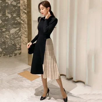 2020 Efteråret Og Vinteren Ny Elegant Moderne Stil Halvdelen Af Høj Hals Lange Ærmer Bælte Slank Patchwork Plisserede Sweater Kjole