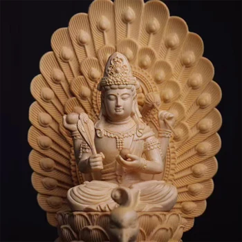 38cm Mahamayuri Figur Cypres Træ Buddha-Statue Peacock Maha-mayuri-vidya-rajni Buddha Skulptur i Hjemmet Indretning