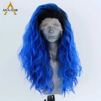 Aiva Hår Varmeandig Syntetisk Lace Front Wig Glueless Lang Ombre Blue Cosplay Paryk Grønne Parykker Til Kvinder Sort