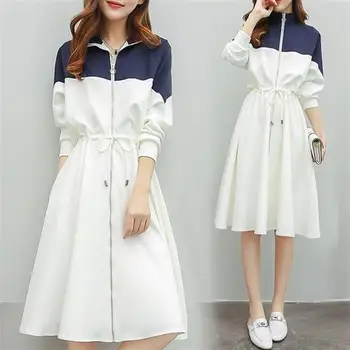 Koreanere Patchwork Hvid Og Blå Plus Size Kjole Elegant Langærmet Preppy Stil, Casual Kjoler Kvinder Løs Retro Kjole Kneet