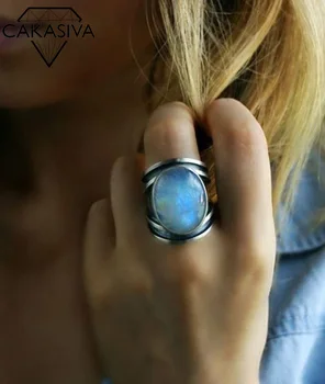 Kvinders 925 Vintage Thai Sølv Epoxy Ring Farverige Månesten Ring Gave Smykker Ring Engros