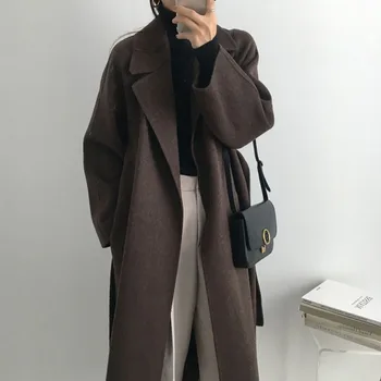 Leiouna Vintage Solid Langærmet Casual Bælte 2020 Nye Mode Lang Efteråret Faux Uld Blanding Af Uld Frakke Vinter Varm Kvinder Tøj