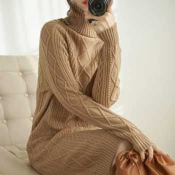 Merino uld sweater dress kvinder strikket stribet længde kabel bunke hals pullover rullekrave Fall winter tyk toppe